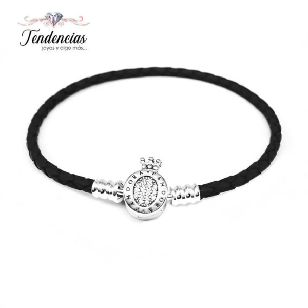 Pulsera Cuero Trenzado Negro Broche Corona